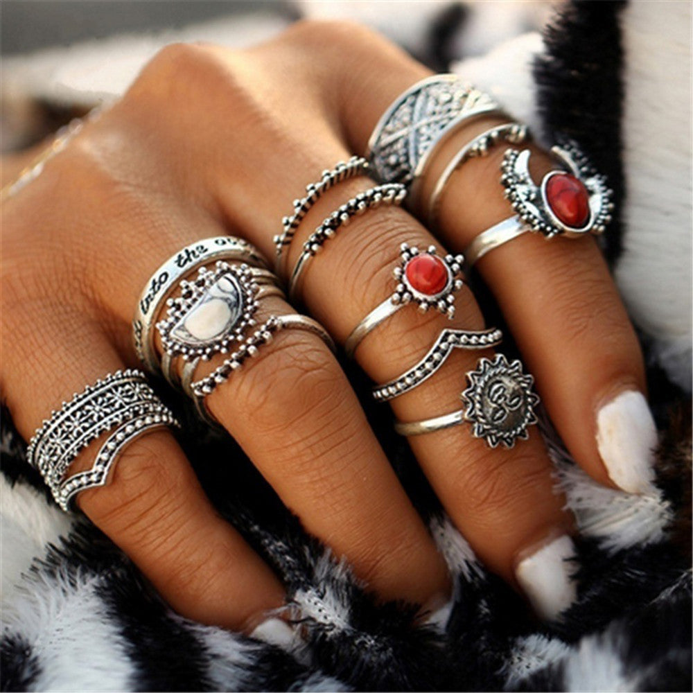 14 Pc. Sun and Stone Stack Ring Set