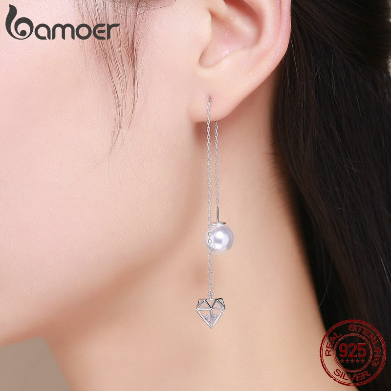 BAMOER Crystal and Pearl Sterling Silver Drop Earrings