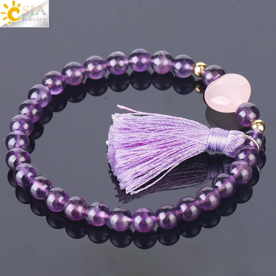 6mm Natural Stone Chakra Bracelet with Heart & Tassel