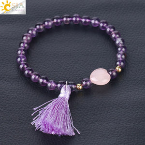 6mm Natural Stone Chakra Bracelet with Heart & Tassel