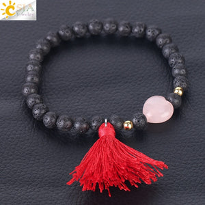 6mm Natural Stone Chakra Bracelet with Heart & Tassel