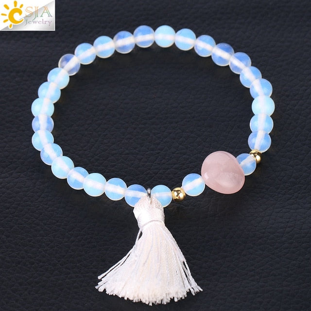 6mm Natural Stone Chakra Bracelet with Heart & Tassel