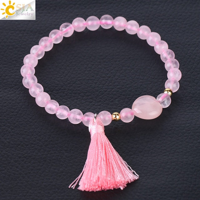 6mm Natural Stone Chakra Bracelet with Heart & Tassel