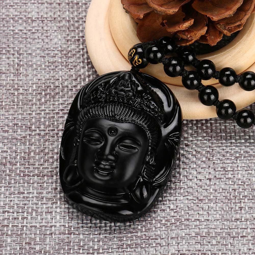 Hand Carved Buddha Obsidian Necklace